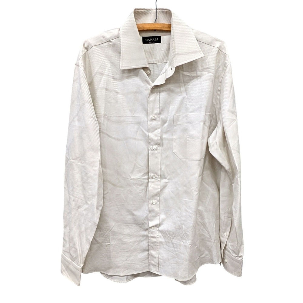 Canali Men's Cream Textured Cotton Dress Shirt Made in Italy- Size 16.5